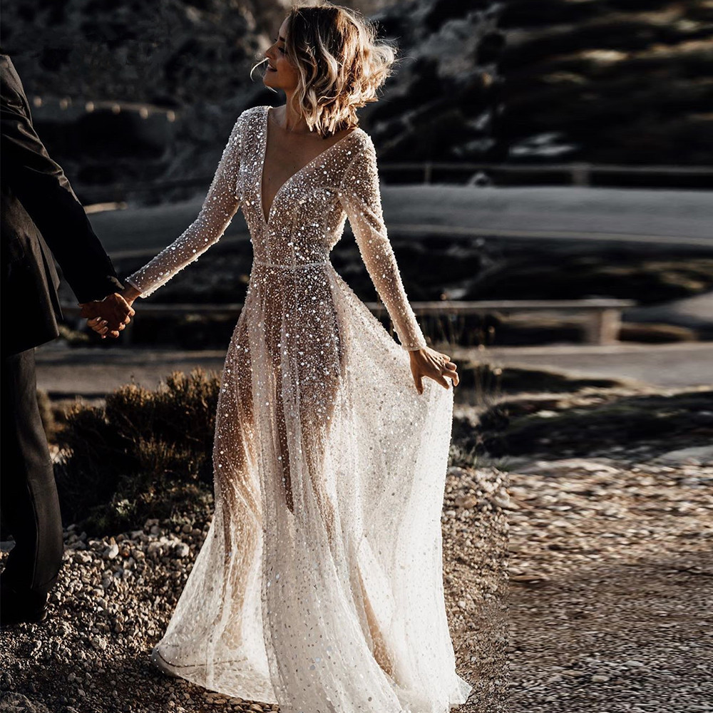 Sexy Illusion Boho Wedding Dress A-Line V-Neck Sleeves Wedding Dresses Backless Beach Bridal Gowns Sequined Beading Beach 2021