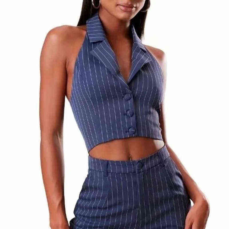 Women's Vest Blazers Striped Crop Tops and Blouses Single Breasted Sleeveless Femme Tanks Vintage Slim V neck Fashion Spring trf 211122
