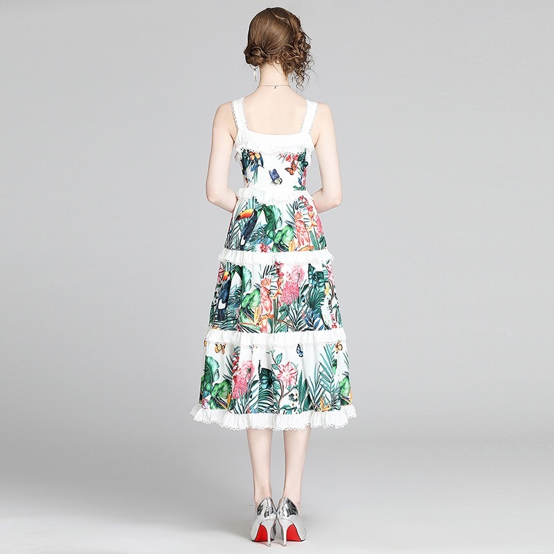 summer dress flower lace ruffles spaghetti strap midi beach party birthday green dreess women robe 210421