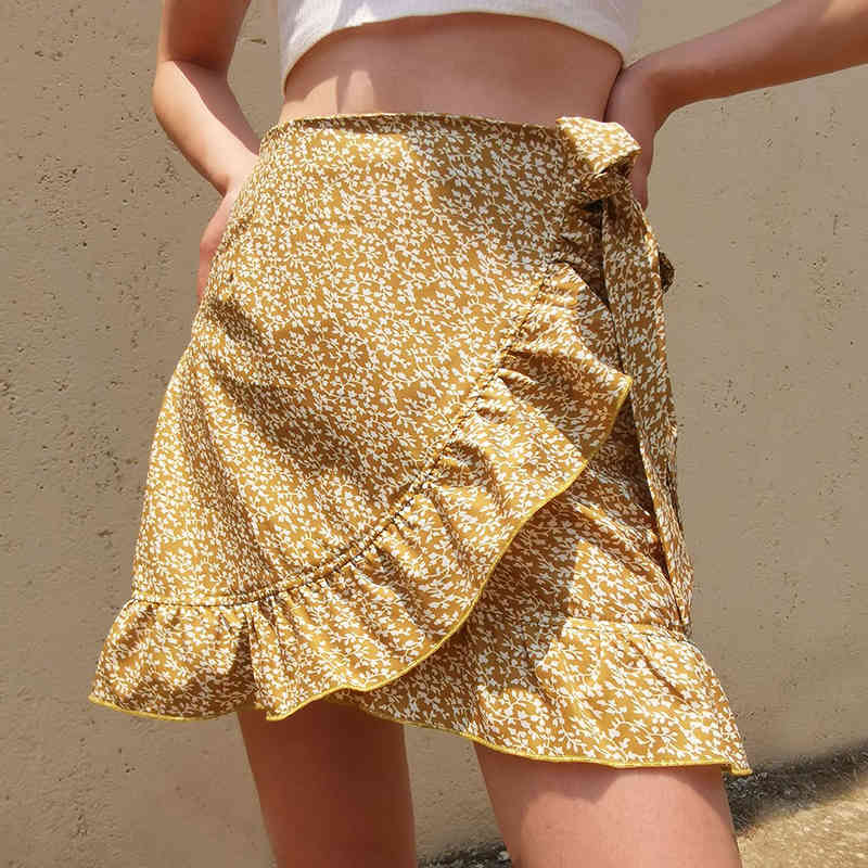 Women Print Short Mini Skirts Summer Ruffle High Waist Bow Tie A-line Skirt Ladies Streetwear Slim Bottoms Saias 210524