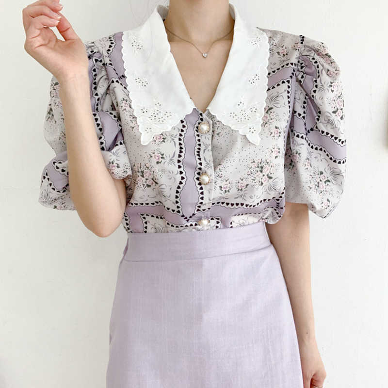Korejpaa Women Shirt Summer Korean Western Style Vintage Lapel Embroidery Chic Button Puff Sleeve Chiffon Print Blouses 210526