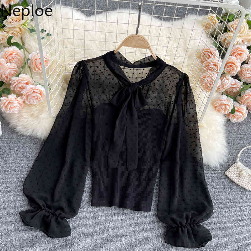 Neploe Women Clothing Patchwork Puff Sleeve Bow White Shirt Korean Fashion Polka Dot Blouses See Through Chiffon Blouse 4h736 210422
