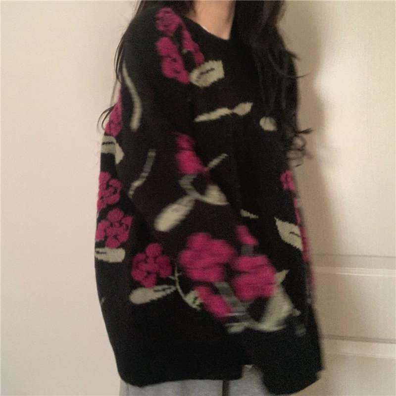 Vintage Print Elegant Loose Knitted Pullovers Embroidery Winter Sweater Women OL Outwear Tops Sweaters Female 210421