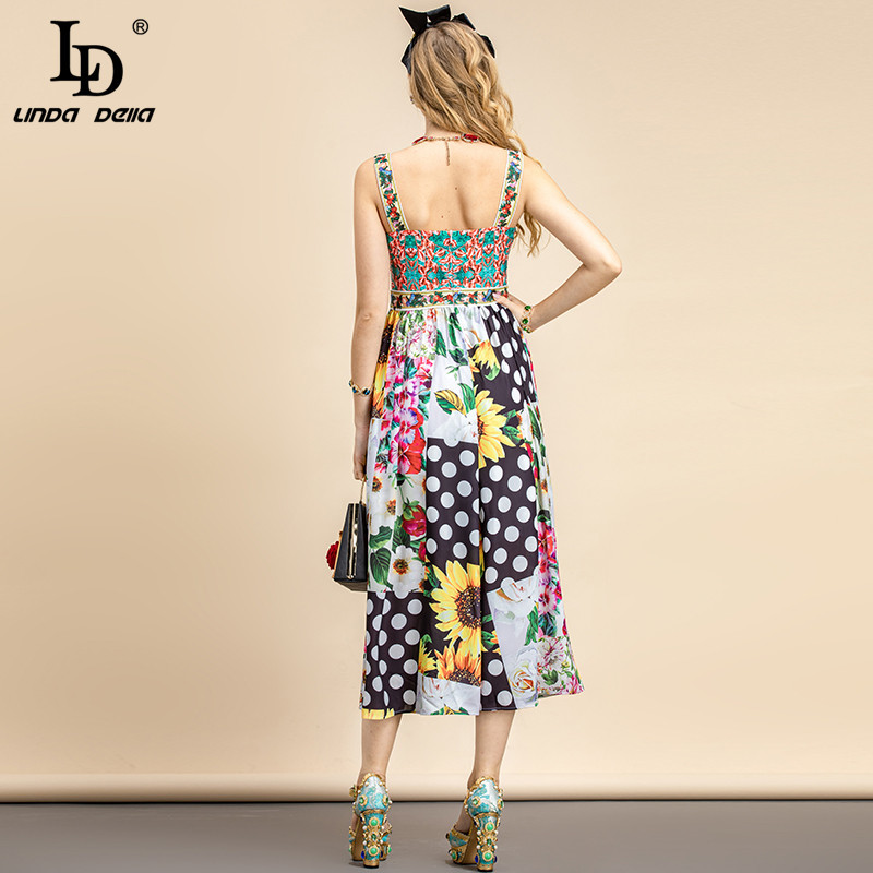 Summer Fashion Runway Holiday Elegant Dress Women Spaghetti Strap Floral Print patchwork Party Midi 210522