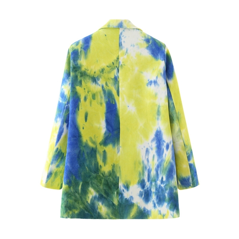 elegant women blazer office ladies blue and yellow print jackets causal female pocket slim suits girls chic sets 210430