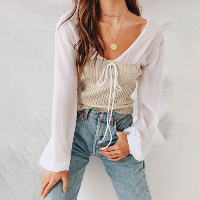 Women' Blouses & Shirts V Neck Two Pieces Women Chiffon Blouse Autumn Winter Casual Pullover Sexy Lace Up Shirt Thin Female Strapless Blusa, Beige
Women' Blouses & Shirts V Neck Two Pieces Women Chiffon Blouse Autumn Winter Casual Pullover Sexy Lace Up Shirt Thin Female Strapless Blusa, Beige
