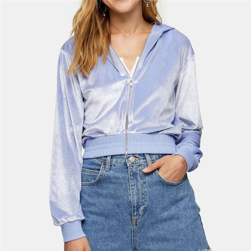 Causal Women Velvet Short Coats Fashion Ladies Zipper Hooded Jacket Sport Female Chic Light Blue Waist-Controlled 210430