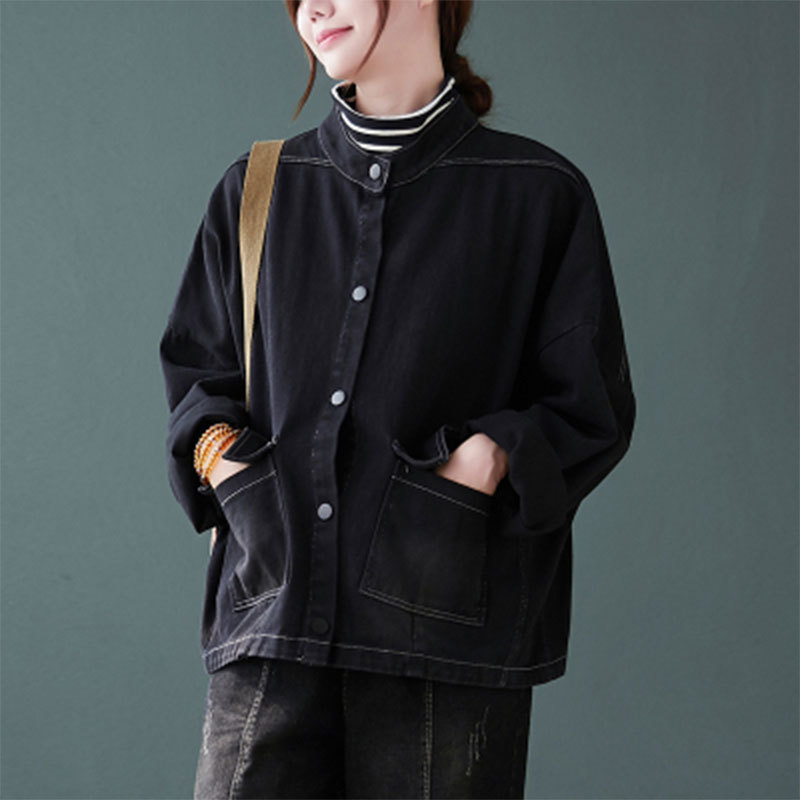 Autumn Korea Fashion Women Loose Casual Black Short Coat Single Breasted Big Pocket Denim Jackets Plus Size S31 210512