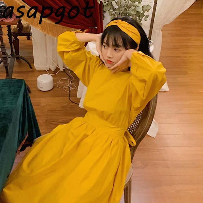 Autumn O Neck Puff Long Sleeve Yellow Dress Women Retro Casual Loose Lace Up Waist Temperament Chic Korean Vestido Feminino 210429