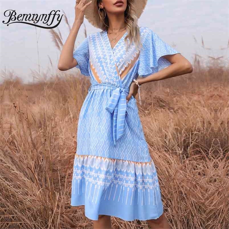 Surplice Neck Casual Printing Knee Length Women's Dresses Summer Short Sleeve Boho Female Belted A-Line Dress 210510