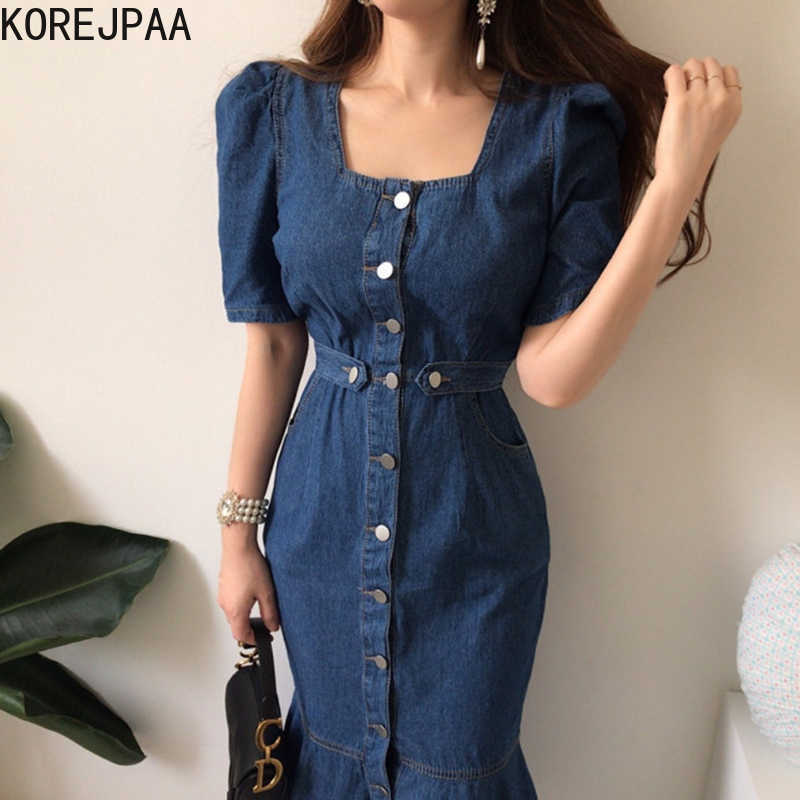 Korejpaa Women Dress Korea Chic Light Ripe Wind Square Collar Single-breasted Waist Pocket Cowboy Split Fishtail Dresses 210608, Dark blue
Korejpaa Women Dress Korea Chic Light Ripe Wind Square Collar Single-breasted Waist Pocket Cowboy Split Fishtail Dresses 210608, Dark blue