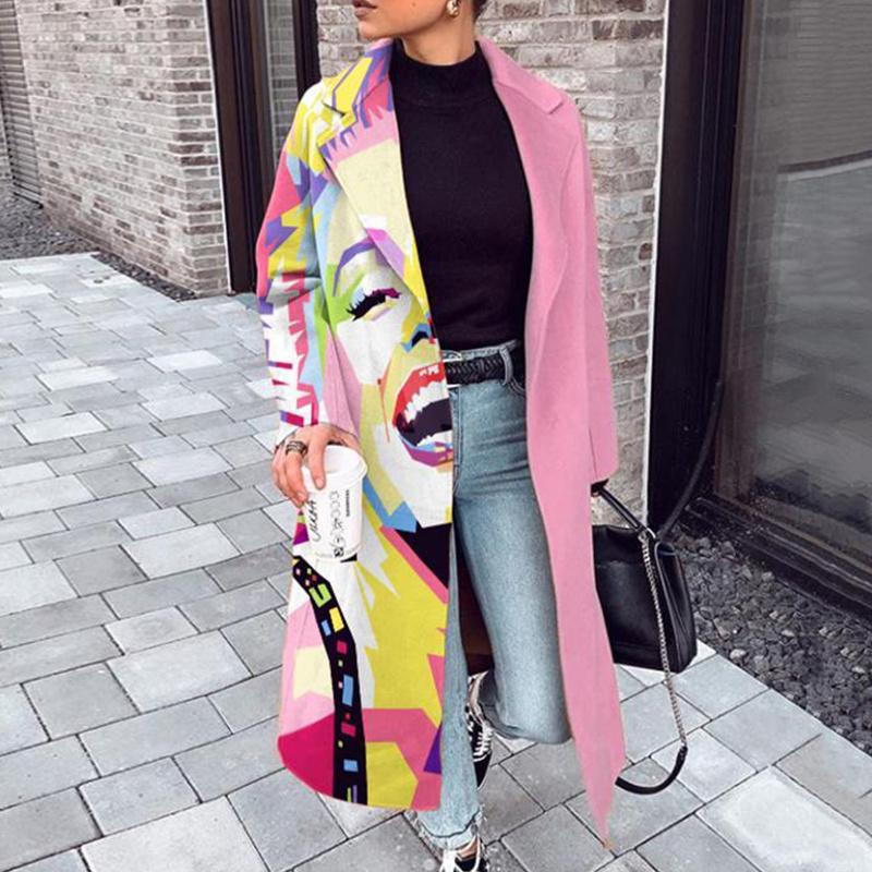 Women's Wool & Blends Vintage Pattern Winter Tweed Long Cardigan Coat Fashion Lapel Pocket Loose Outerwear Autumn Women Sleeve Casual Jacket