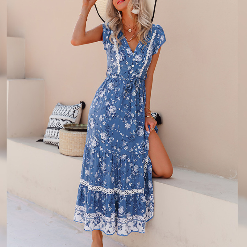 Women Short Sleeve V-neck Print A-line Dress Lady Loose Fit Fashion Summer Arrivals 2H153 210526