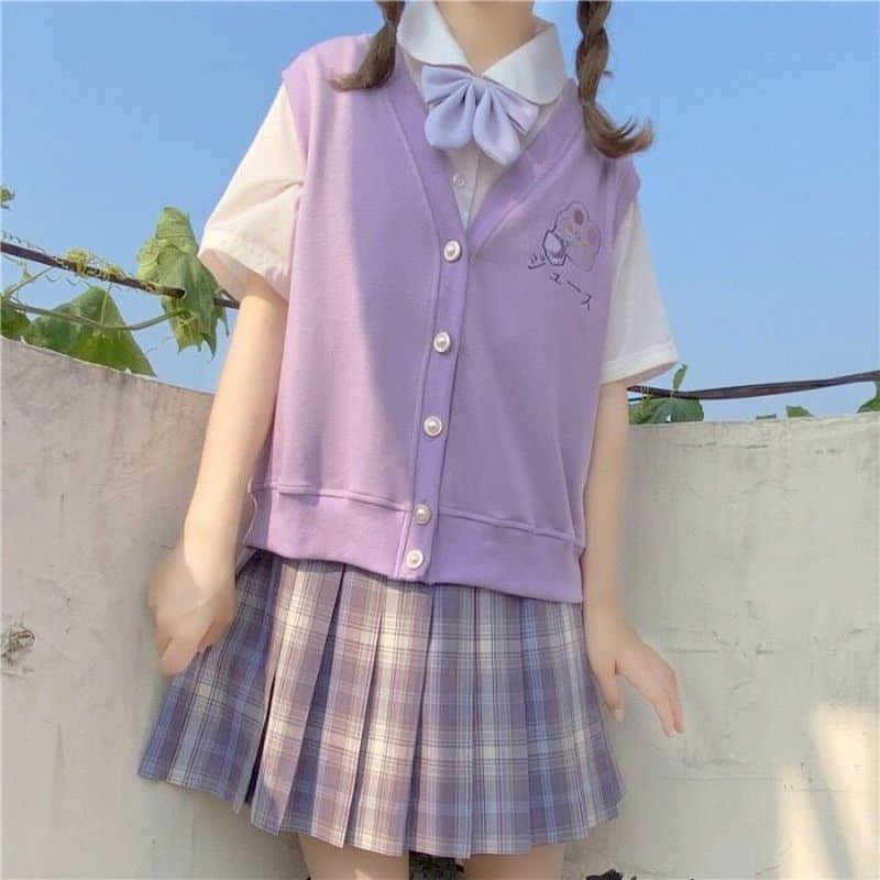 Purple vest female autumn Japanese soft sister cute bear Korean version loose wild student jacket 210526