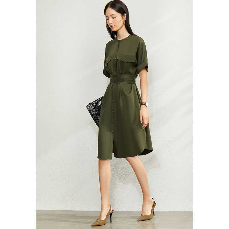 Summer Women Elegant Dresses Office Lady Round Neck Half Sleeve Single-breasted with Belt Female Dress 12040165 210527