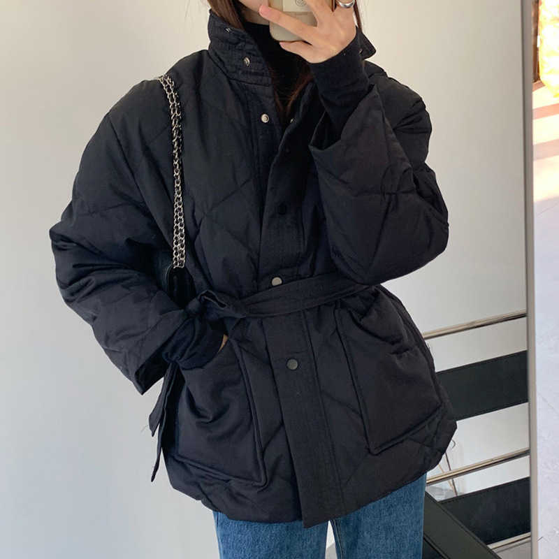 Autumn Winter Argyle Pattern Women Stand Collar Oversized Down Jacket Fashion Single-breasted Solid Parka Lace-up Chic Coat 211007