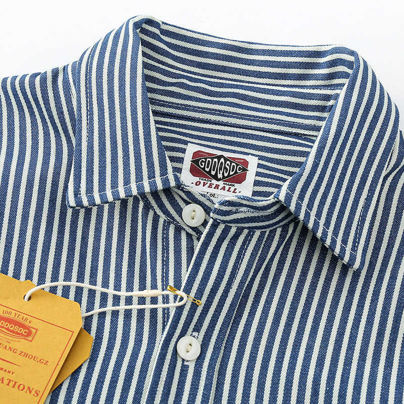American Style Amekaji Heavyweight Men Classical Striped Shirts Thicken Dense Canvas Cotton Blouse Vintage Cargo Streetwear Male 210721