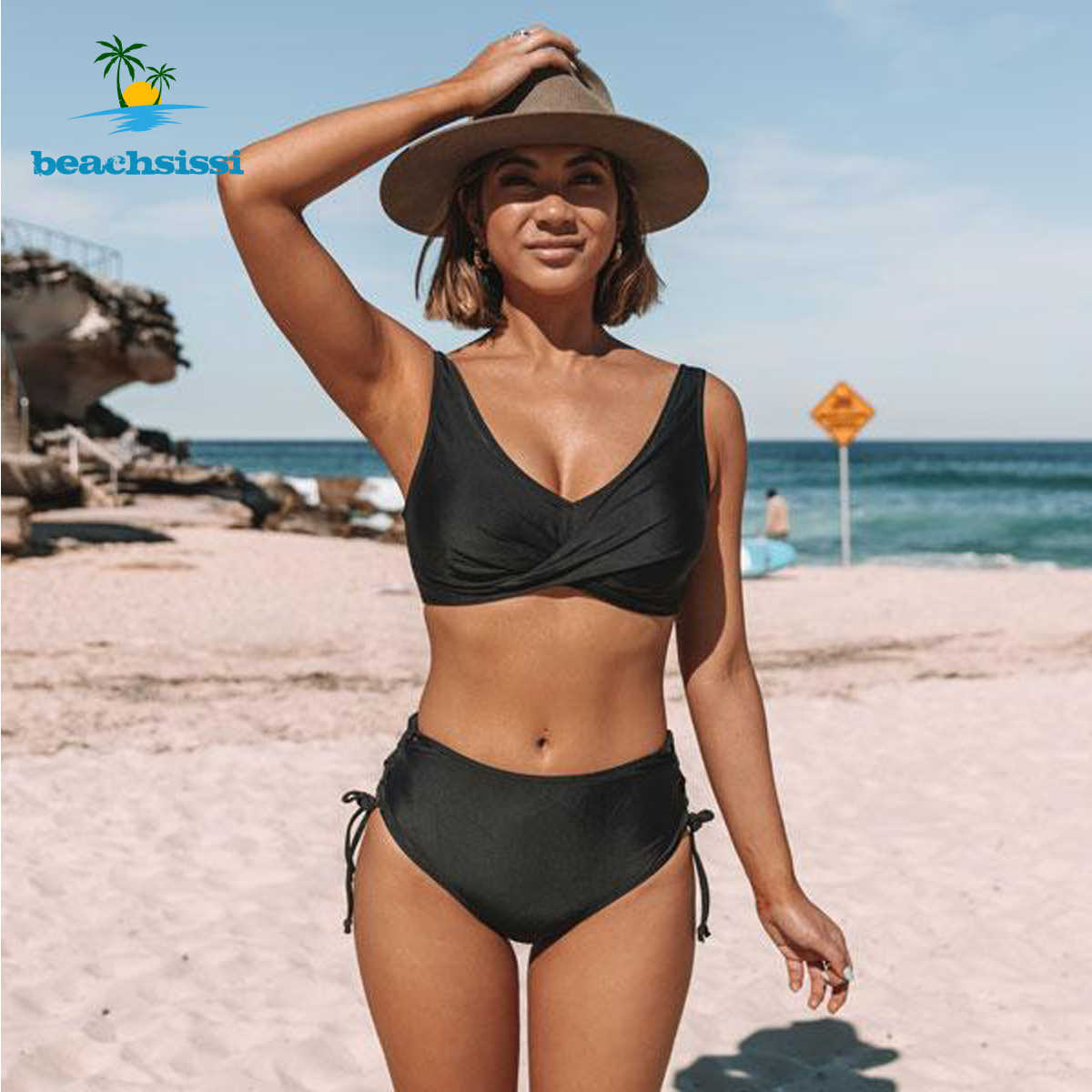 Beachsissi Women's Twist Front High Waist Black Bikini Set Two Pieces Solid Color Bathing Suit Sexy Fashion Swimwear
Beachsissi Women's Twist Front High Waist Black Bikini Set Two Pieces Solid Color Bathing Suit Sexy Fashion Swimwear