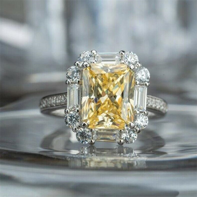 2021 Top Sell Cocktail Luxury Jewelry 925 Sterling Silver Princess Cut Yellow Topaz CZ Diamond Party Promise Women Wedding Engagement Band Ring For Lo