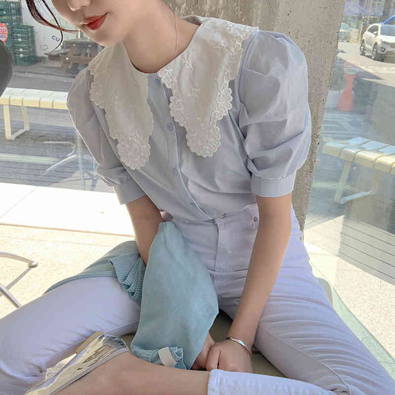 Single Breasted Short Sleeve Summer Blouse Sweet Peter Pan Collar Shirts Women Fashion Loose Blue Shirt Female Clothing 13846 210508