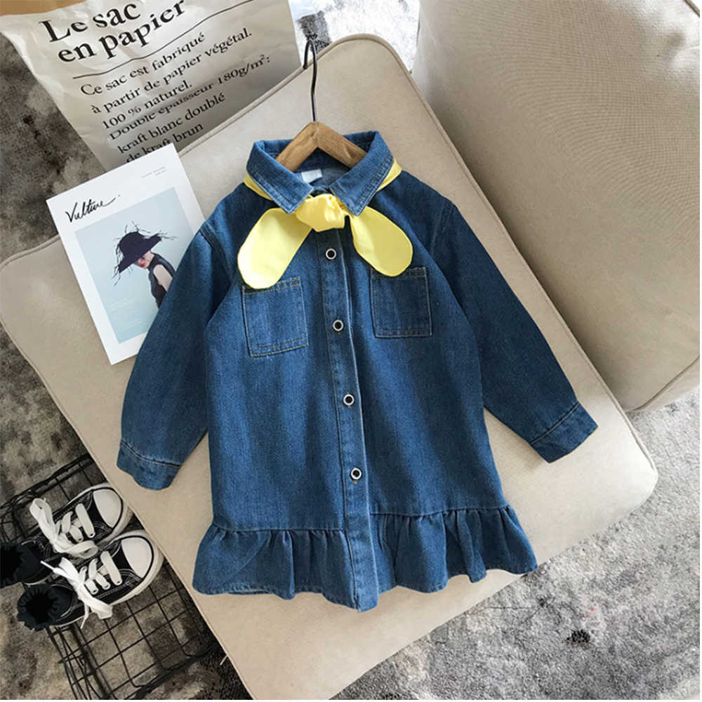 Mudkingdom Girls Denim Dress Toddler Kids Baby Long Sleeve with Yellow Tie Children Clothes 210615