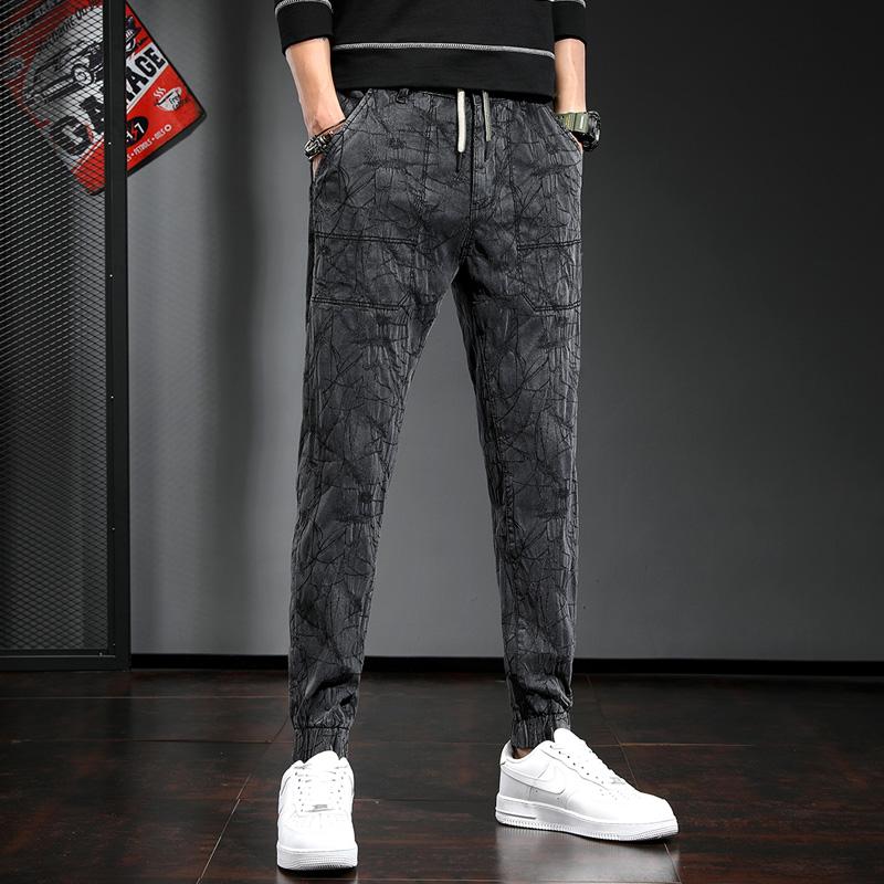 Trousers Fashion Pleated Pattern 2021 Korean Streetwear Men Slim Fit Stretch Pencil Pants Men's