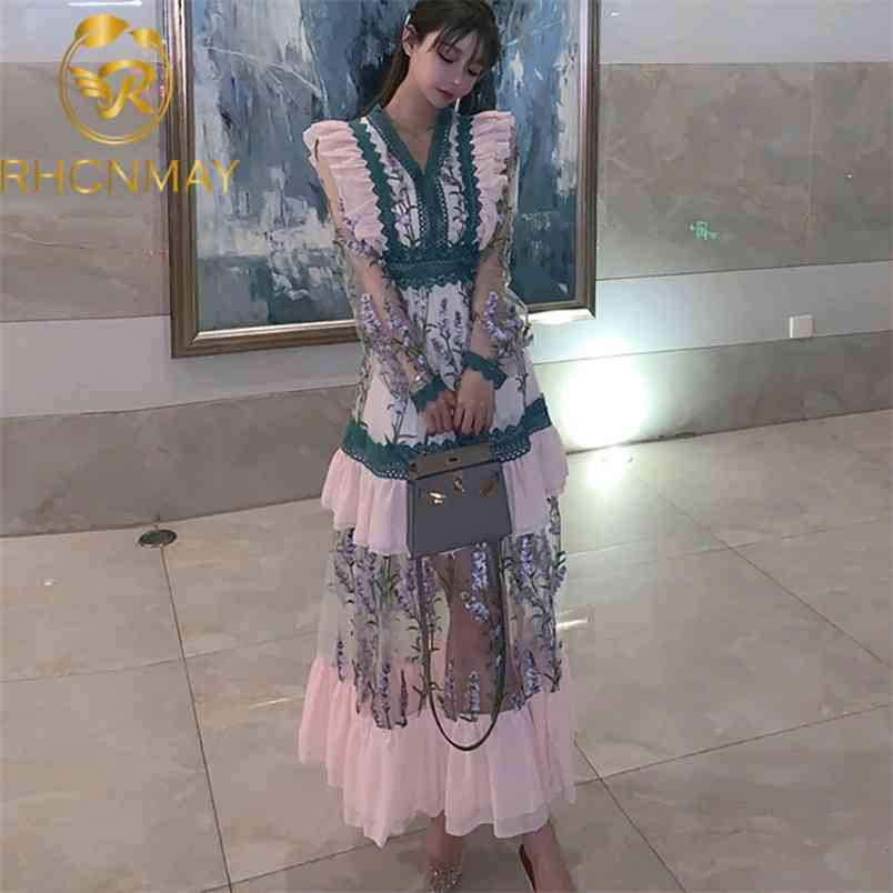 Summer French VNeck Style Dress Female Embroidery Stitching Retro Long Bohemia Fashion Hollow Out Mesh Vestidos 210506