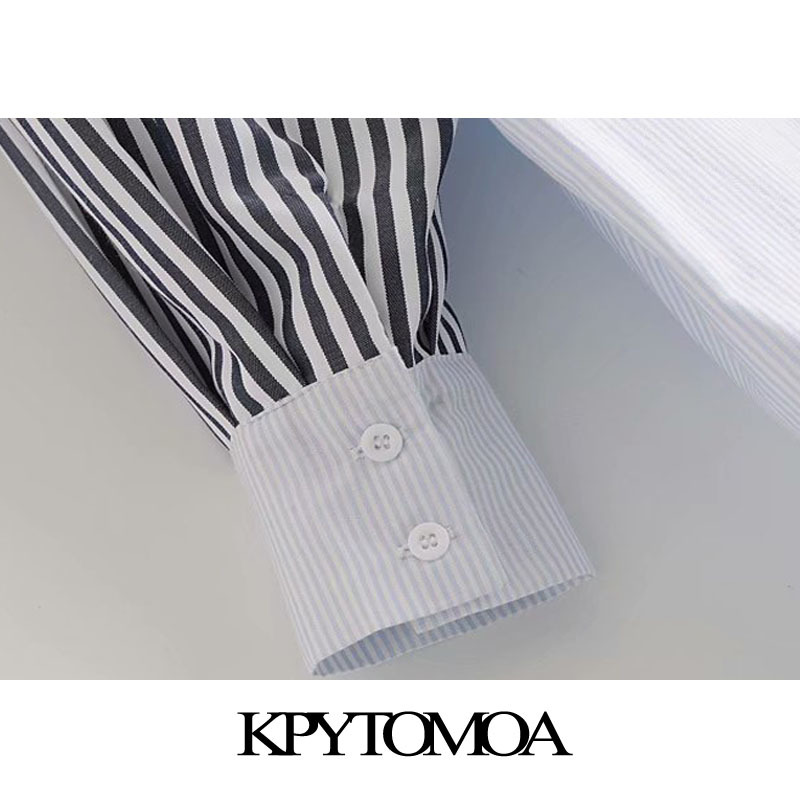 Women Fashion Striped Patchwork Loose Asymmetry Blouses Long Sleeve Button-up Female Shirts Chic Tops 210420