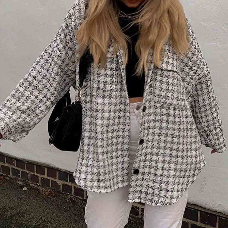 Evfer Women Fashion Plaid Autumn Hm White Long Jackets Chic Lady Casual Single Breasted Sleeve Winter Thick Coats Outwear 210421