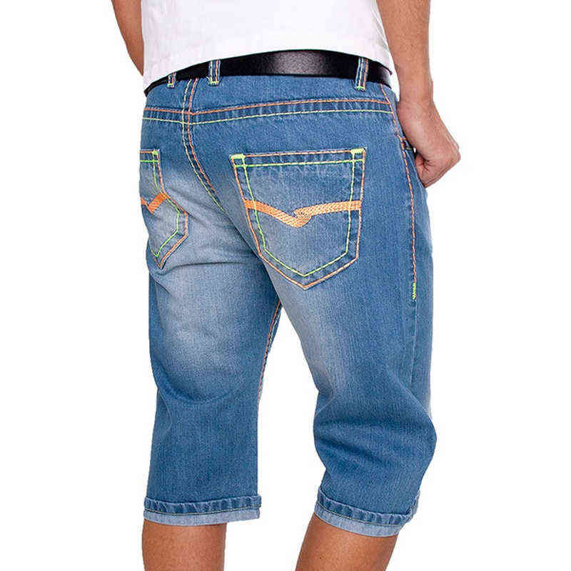 Men Jeans Shorts Summer Casual Straight Denim Shorts Streetwear Male Loose Knee Length Loose Jean Pants Black Blue Pocket 211120