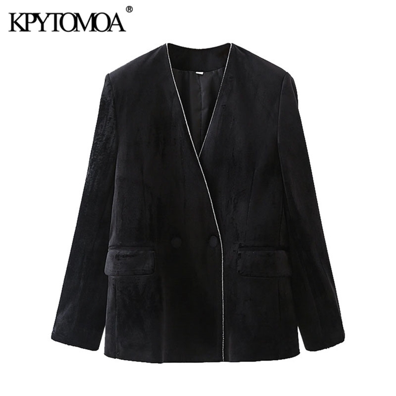 Women Fashion Patchwork Velvet Blazer Coat V Neck Long Sleeve Female Outerwear Chic Veste Femme 210420