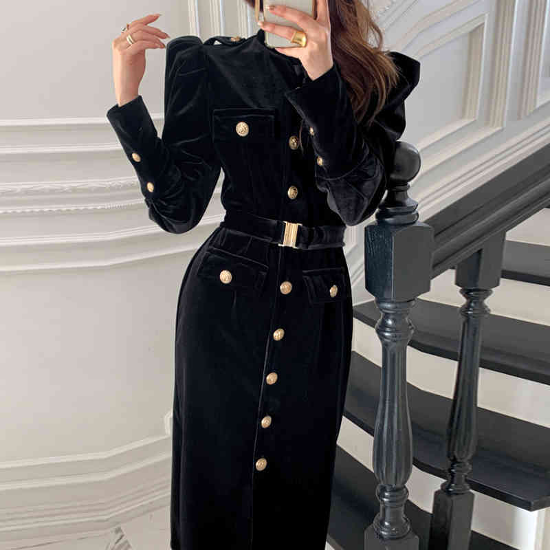 Spring Korea Chic Elegant Stand Collar Women Black Velvet Dresses Female Puff Sleeve Single-Breasted With Belted Midi Vestidos 210520