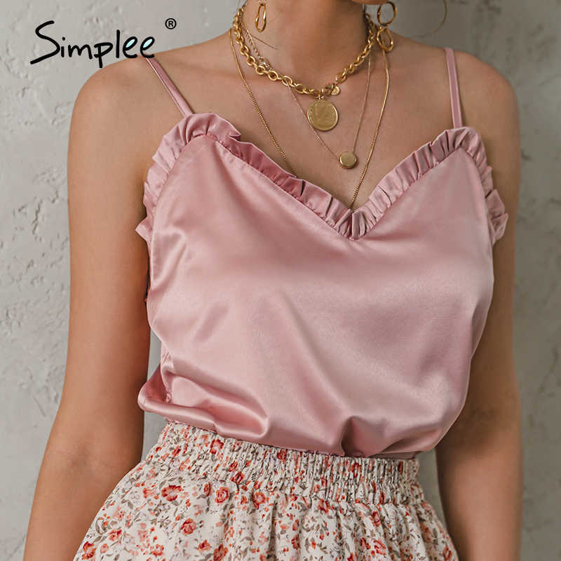 V-neck Sexy Satin ruffle Female Tanks Pink Loose Basic Sleeveless Office Lady Camis Fashion Women's Summer Sling Top 210625