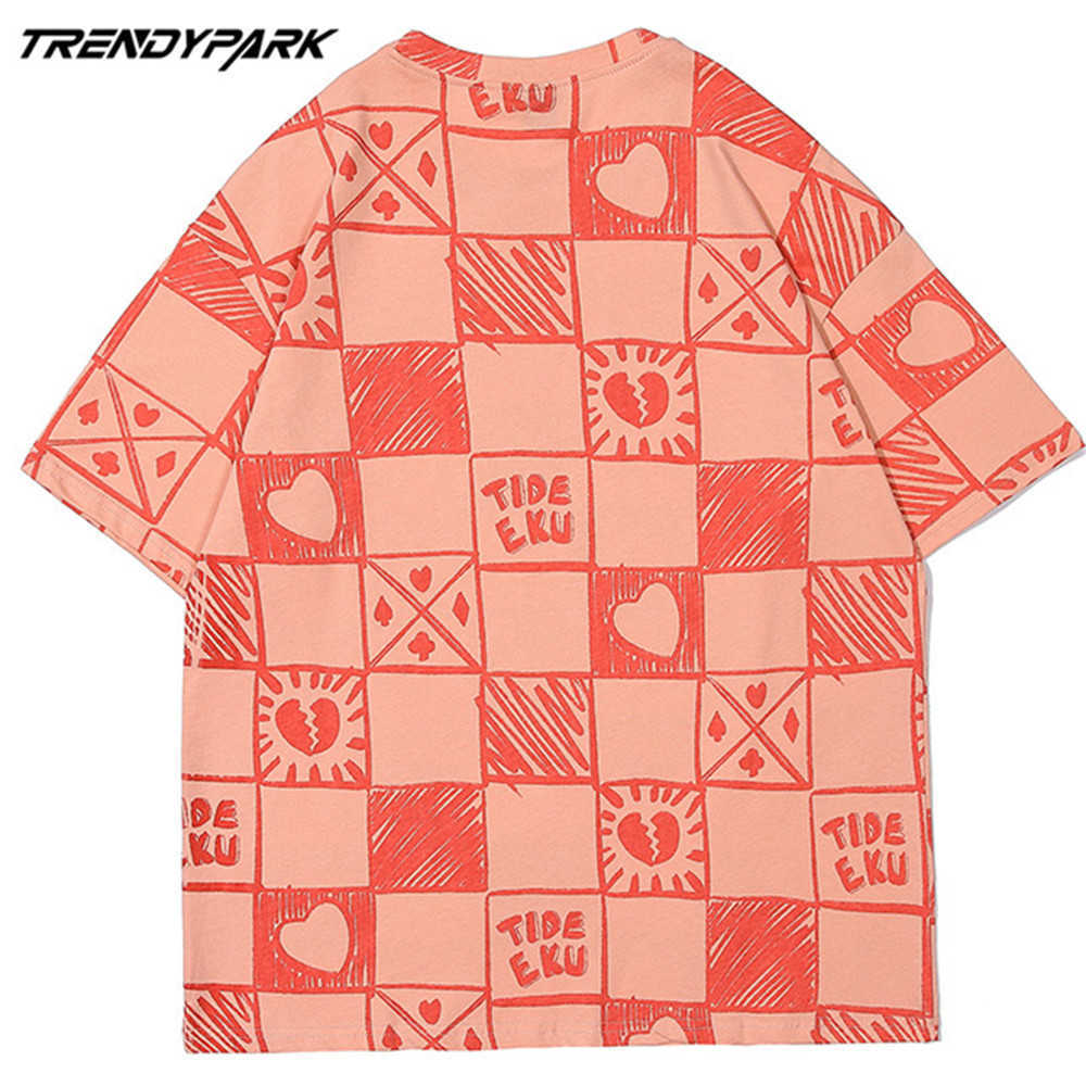 Men's T-shirt Hand Drawing Checked Plaid Summer Short Sleeve Printed Oversized Cotton Casual Harajuku Streetwear Top Tshirts 210601
