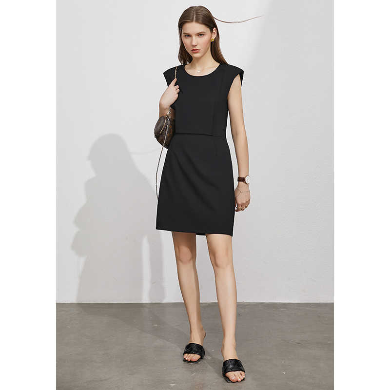 Minimalism Summer Dress For Women Offical Lady Solid Oneck Slim Fit Knee-length Causal Women's 12130201 210527