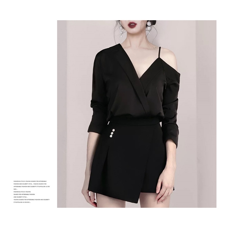 Women Runway Pant Suits Summer Fashion Black Long Sleeve Off Shoulder Blouse Shirt + Beading irregular Short Pants Set 210519