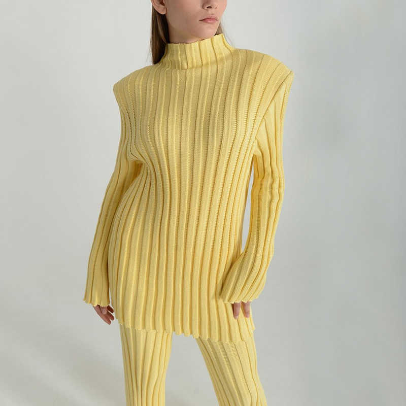 SpotLtWM Cotton Casual Women Knitted Two Piece Sets Ladies Slim Outfits Solid Striped Turtleneck Sweater And Elastic Pant Suits 211007