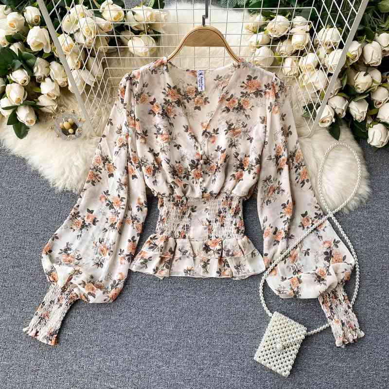 Summer Chiffon Tops Fashion Floral Print Blouse Women Lantern Sleeve Shirt Ruffle Waist Slim Blusa Camisas Mujer 210519