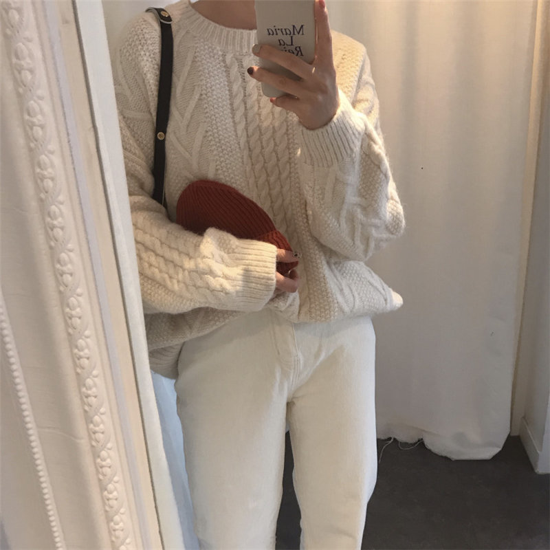 Sweet Beige Women Thicken Lazy Style Warm Large Size Fresh Casual All-Match Loose Basic Pullovers Knitted Sweaters 210421