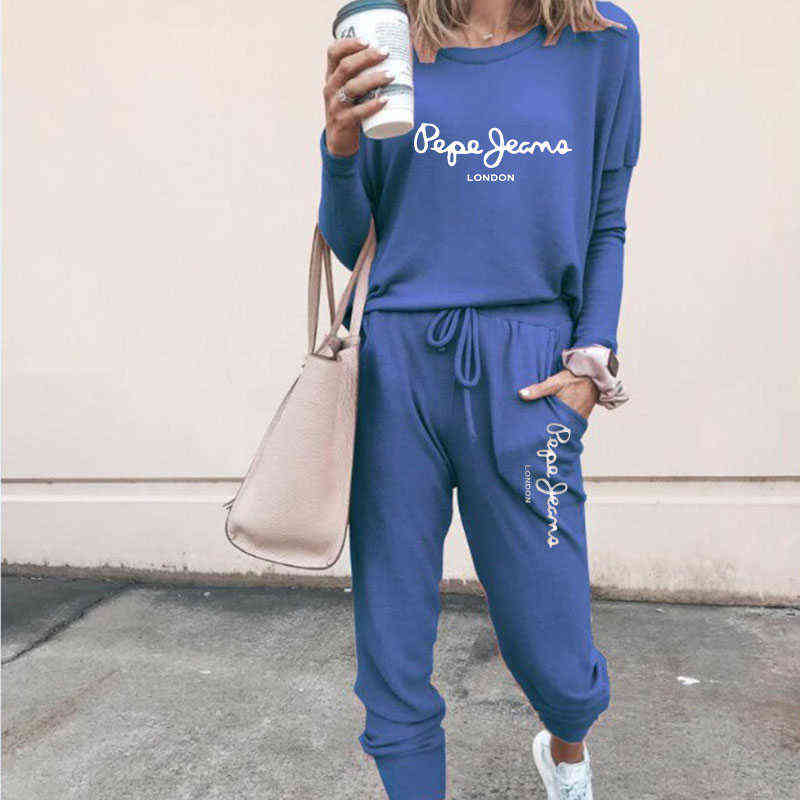 Women's Winter Suit Pepe Printed Trend Pattern Two-piece Sports Pullover Solid Color Casual Fashion Women's Tracksuit 211108