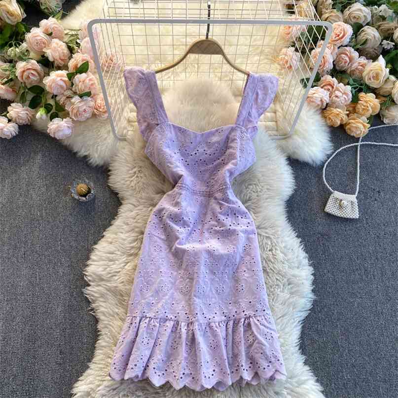 Spring Summer Fashion Women Lace Square Neck Backless Ruffled Sleeve Slimming Dress Solid Color Elegant Vestidos R327 210527