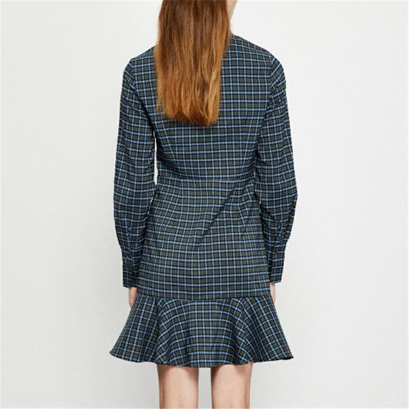 Vintage Women Dark Blue Plaid Dress Fashion Ladies Button Draped Vestidos Elegant Female Chic Asymmetric Mini Dresses 210430
