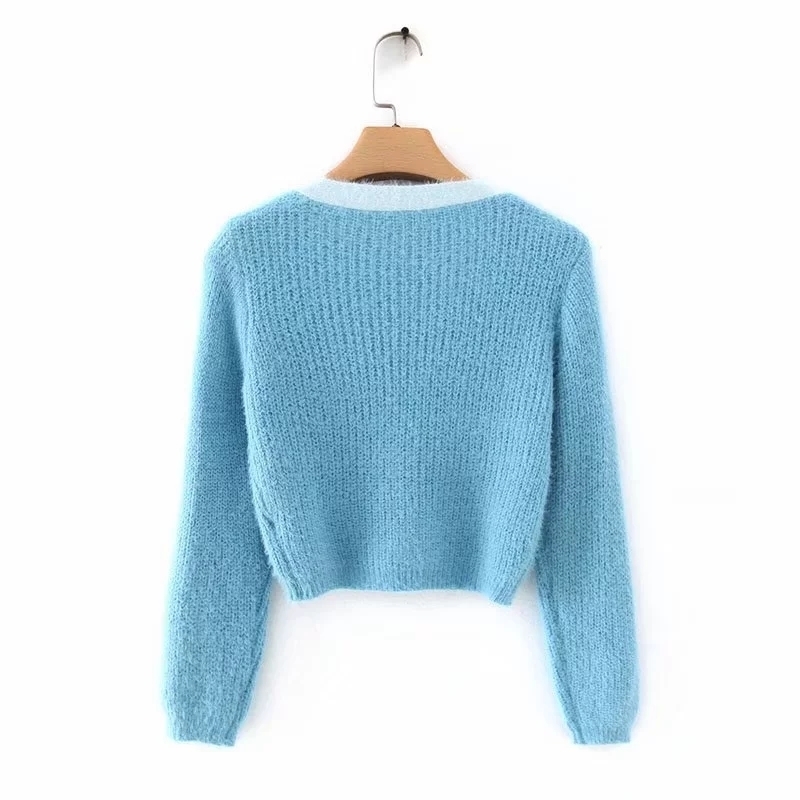 Vintage blue knitted cardigans women crop sweater korean fashion ladies tops casual warm spring 210521