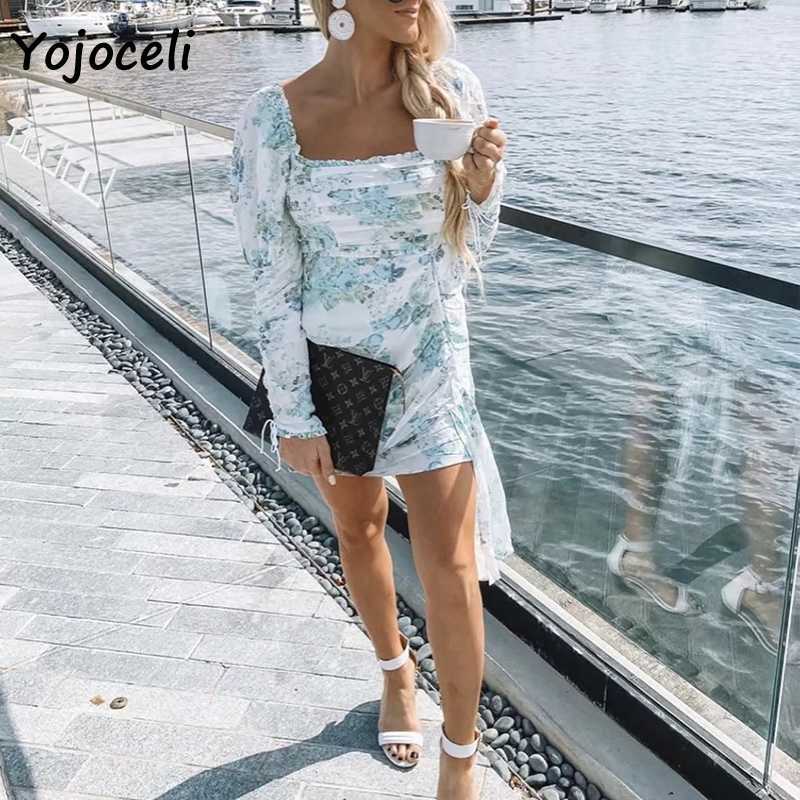 Yojoceli floral print puff sleeve dres party club irregular hem boho beach mini 210609