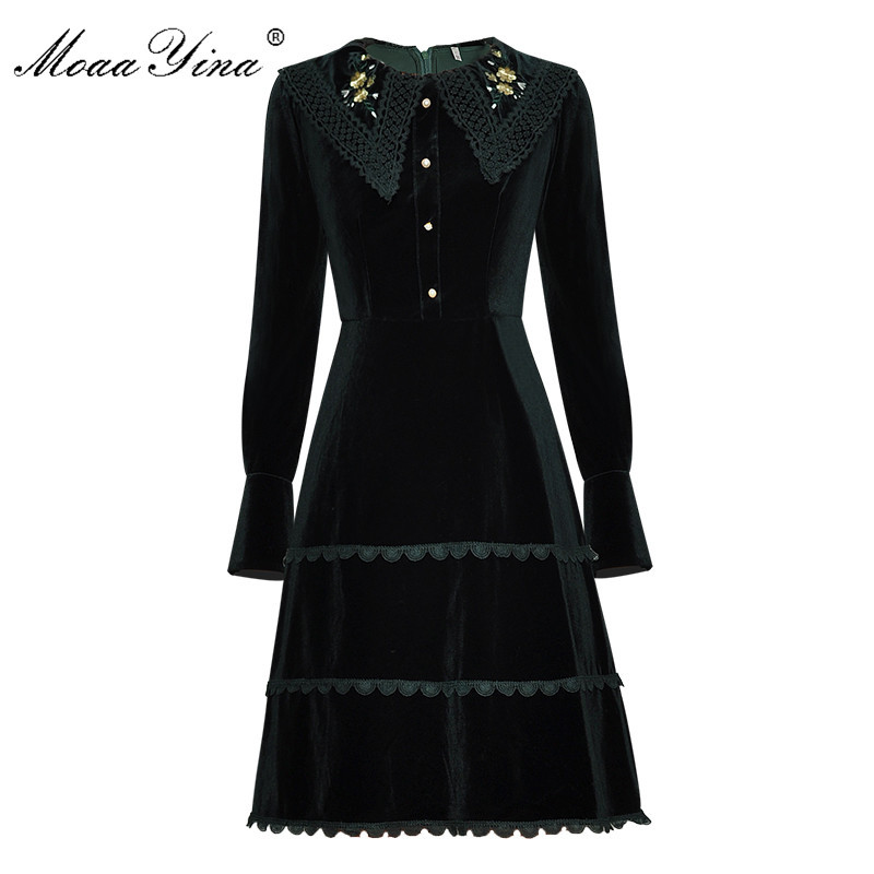 Fashion Designer dress Spring Women's Dress Embroidery turn-down collar Long sleeve Velvet Slim Elegant Vintage Dresses 210524, Green
Fashion Designer dress Spring Women's Dress Embroidery turn-down collar Long sleeve Velvet Slim Elegant Vintage Dresses 210524, Green