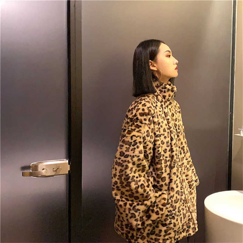 Leopard Print Loose Plush Casual Women'S Jacket Korean Style Autumn Winter Clothing Thick Warm Zipper Sweatshirt Female Coat 210619wtt