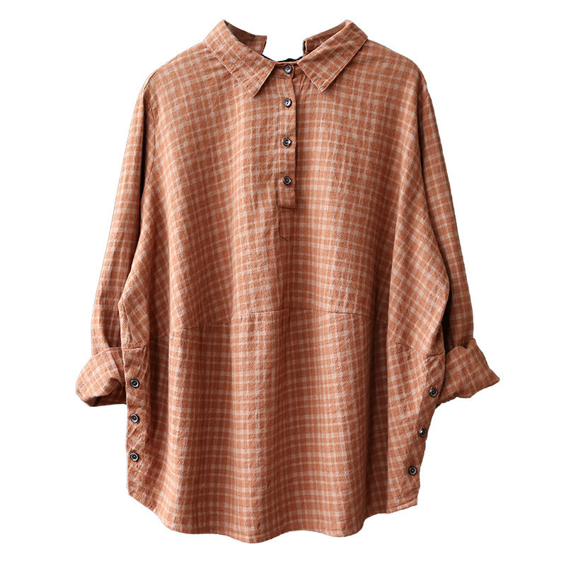 Spring Arts Style Women Long Sleeve Turn-down Collar Loose Shirts Cotton Linen Plaid Casual Blouses Femme Tops Plus Size S701 210512