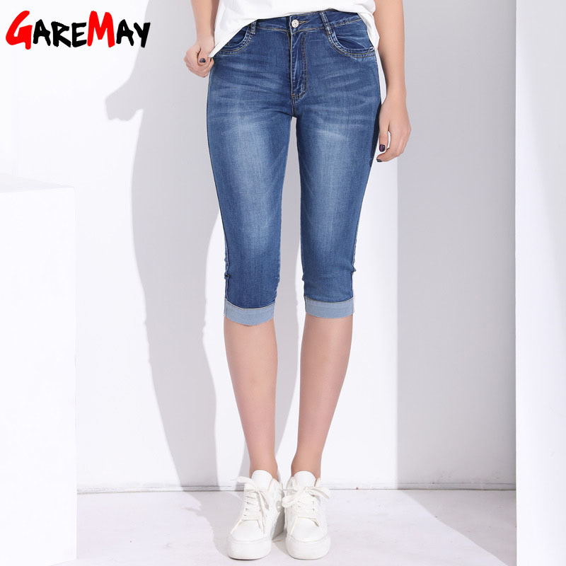 Denim Capri Skinny Jeans Woman Stretch High Waist Plus Size Short Pants For Women Summer Clothing GAREMAY 210428