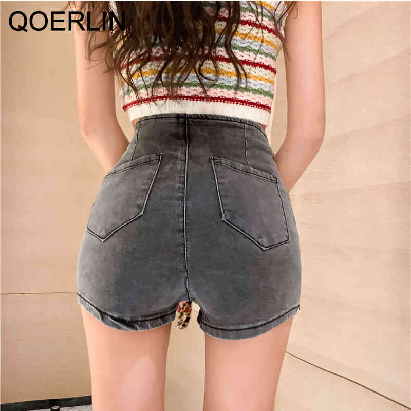 QOERLIN Vintage High Stretch Skinny Denim Shorts Sexy High Waist Tight Hip Plus Size Black Jeans Shorts Women Korean Style SL 210412