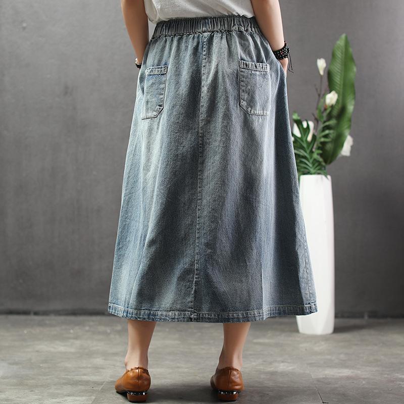 Skirts Summer Embroidery Midi Denim Skirt Women Vintage Art Elegant Plus Size Distress Elastic High Waist Loose Long Jean Female